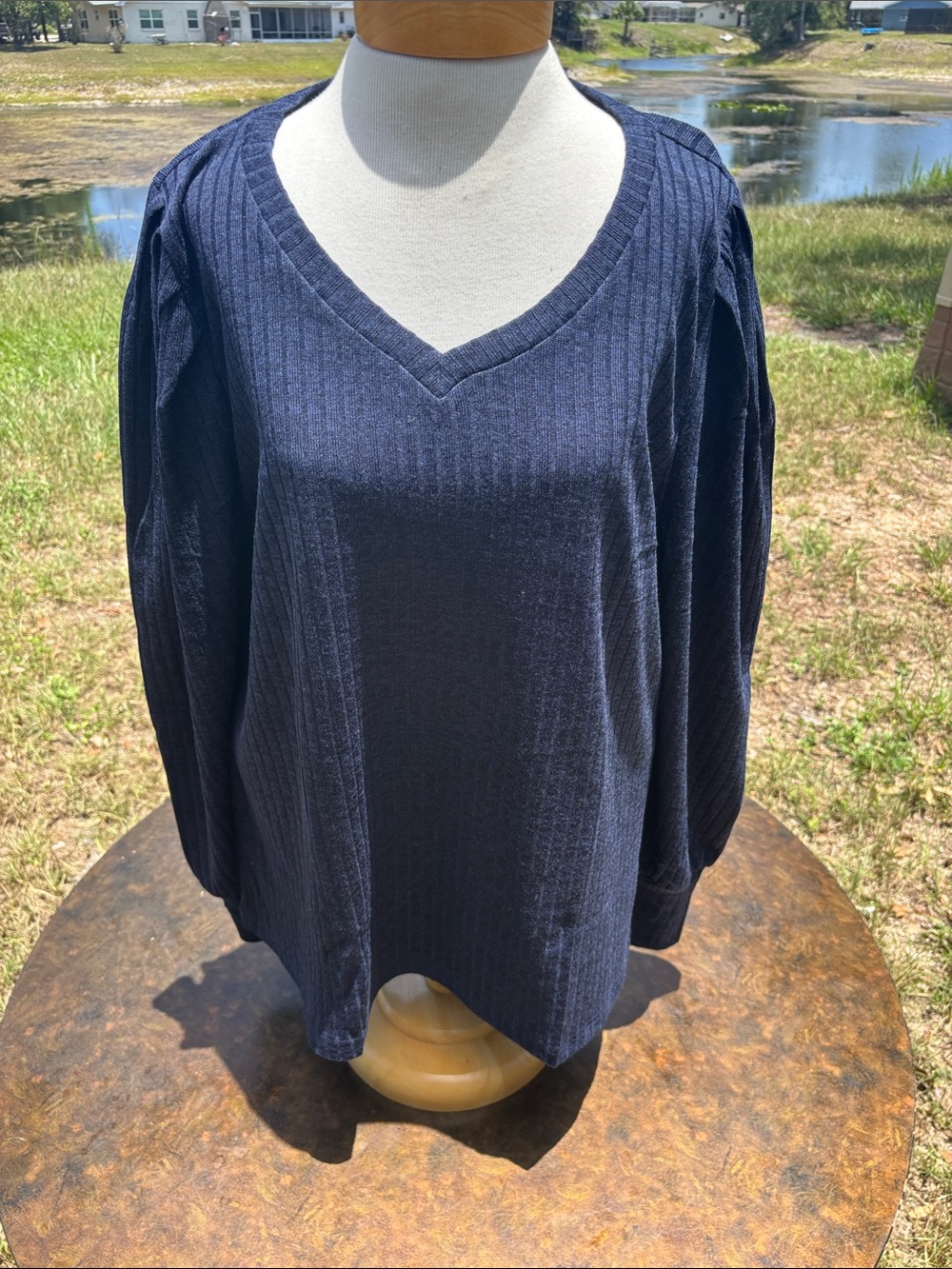 Navy Ribbed V-Neck Long Sleeve Top